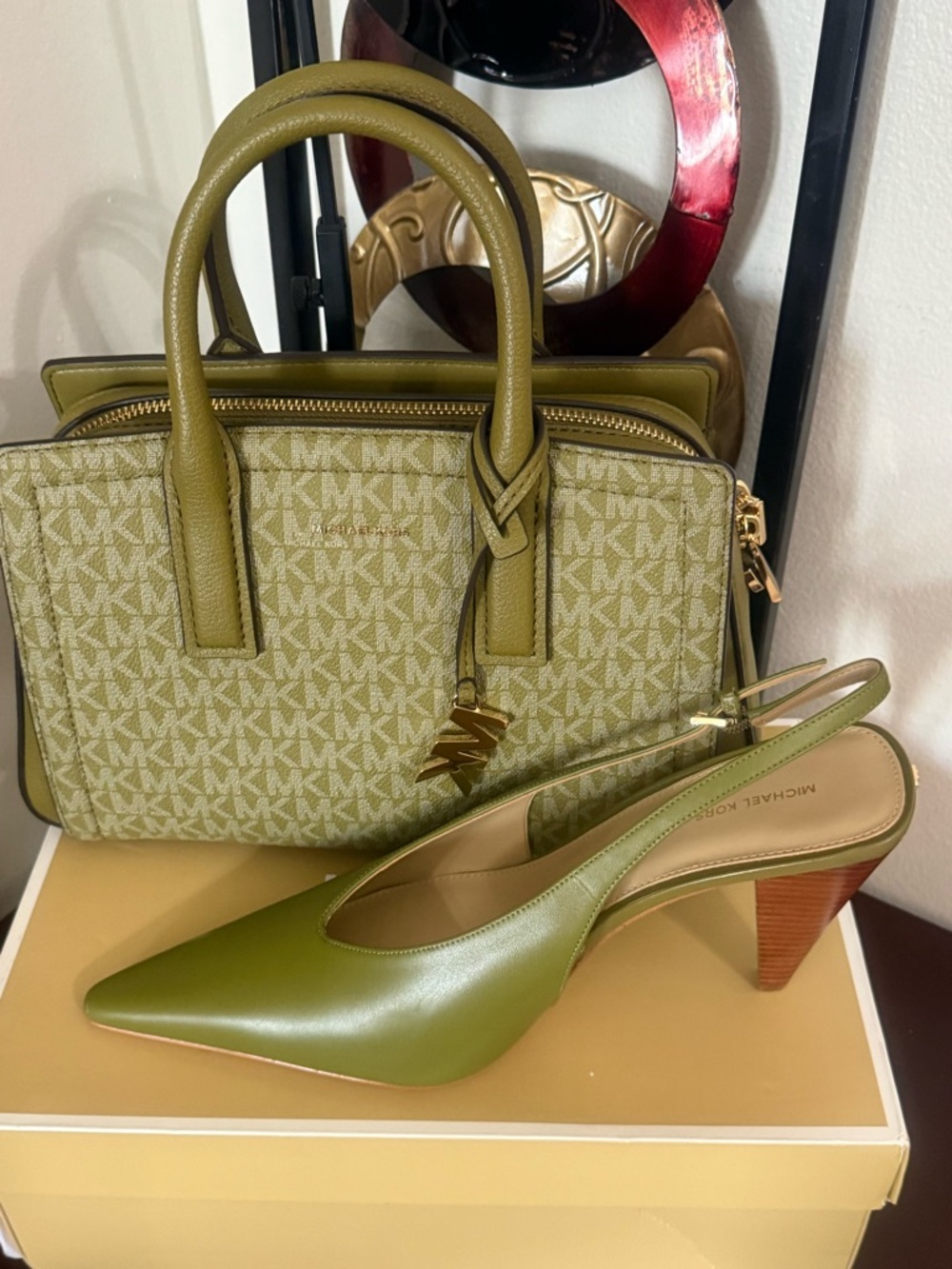MICHAEL KORS PistachioGreen Pointed-Toe Slingback Heels with Wood-Tone Cone Heel - Picture 5 of 8